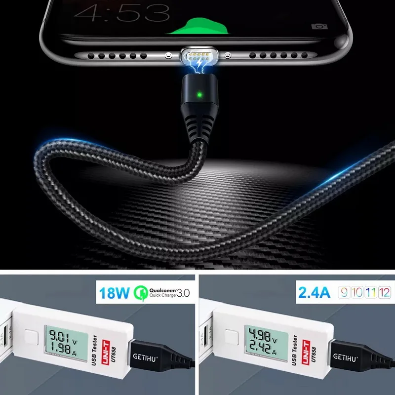 Магнитный кабель GETIHU 2.4A для быстрой зарядки и передачи данных Micro USB Type C iPhone XS X