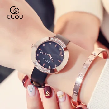 

GUOU Luxury Rhinestone Women Dress Business Leisure Watches Ladies Simple Genuine Leather Bracelet Rose Gold Quartz Wristwatch