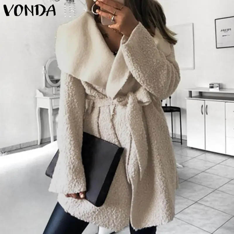 VONDA/женское пальто большого размера, сексуальные, с отворотом, шеи, пушистые жакеты с ремешком, осенние куртки, Офисная Женская верхняя одежда, уличная мода, вечеринки