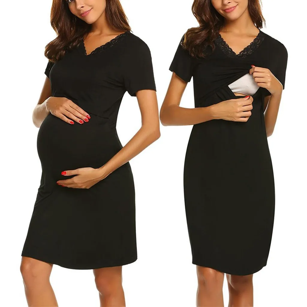 

Women Maternity Nursing Breastfeeding Dress Short Sleeve Lace Baby Nightdress Feeding Maternity Pregnancy Summer Clothes Dress