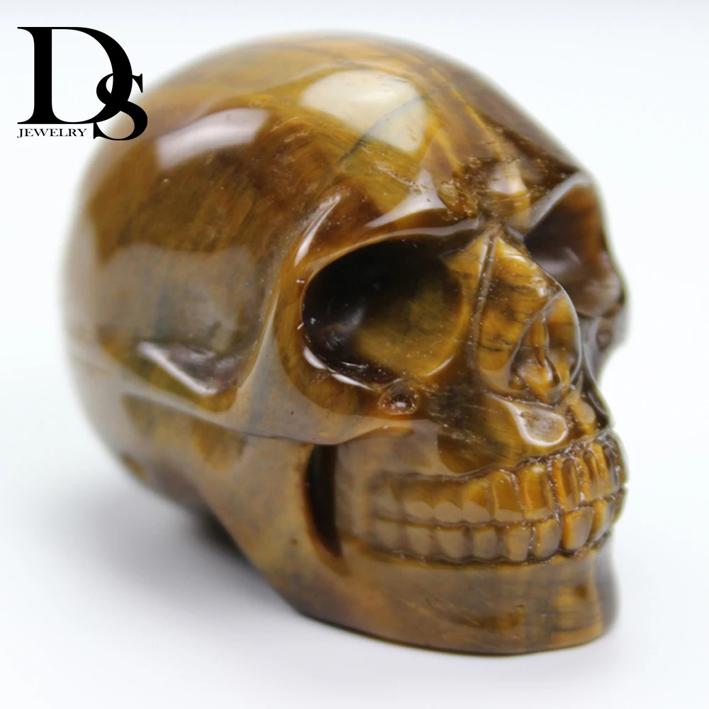 Skull Figurine Pendant Natural Gemstone Yellow Tiger Eye Carved Necklace Jewelry