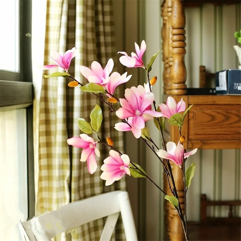 Искусственные цветы для декора Украшение для дома цветочный весенний длинный филиал цветок магнолии Европейский выс - Цвет: Розово-красный