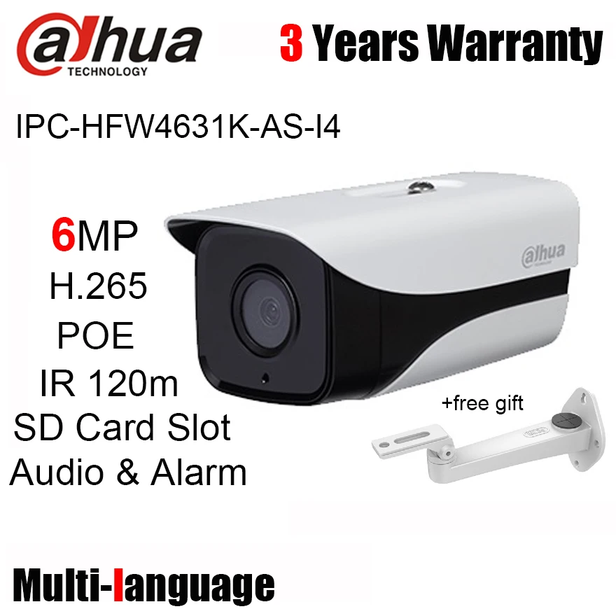 Dahua IPC-HFW4631K-AS-I4 6mp IP Camera POE IR 120m IP67 Audio Alarm SD Card Slot Bullet Network camera for outdoor with bracket |