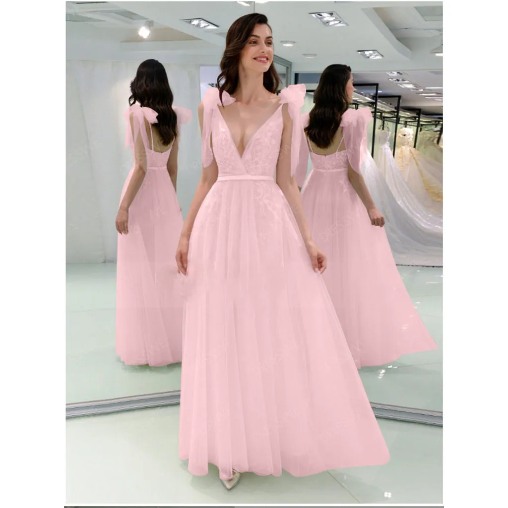 

Women's Sexy Sleeveless V-Neck Solid Color Pink Voile Mesh Ruffle Party Wedding Long Dress Summer Girl's Ladies Clothing Dresses