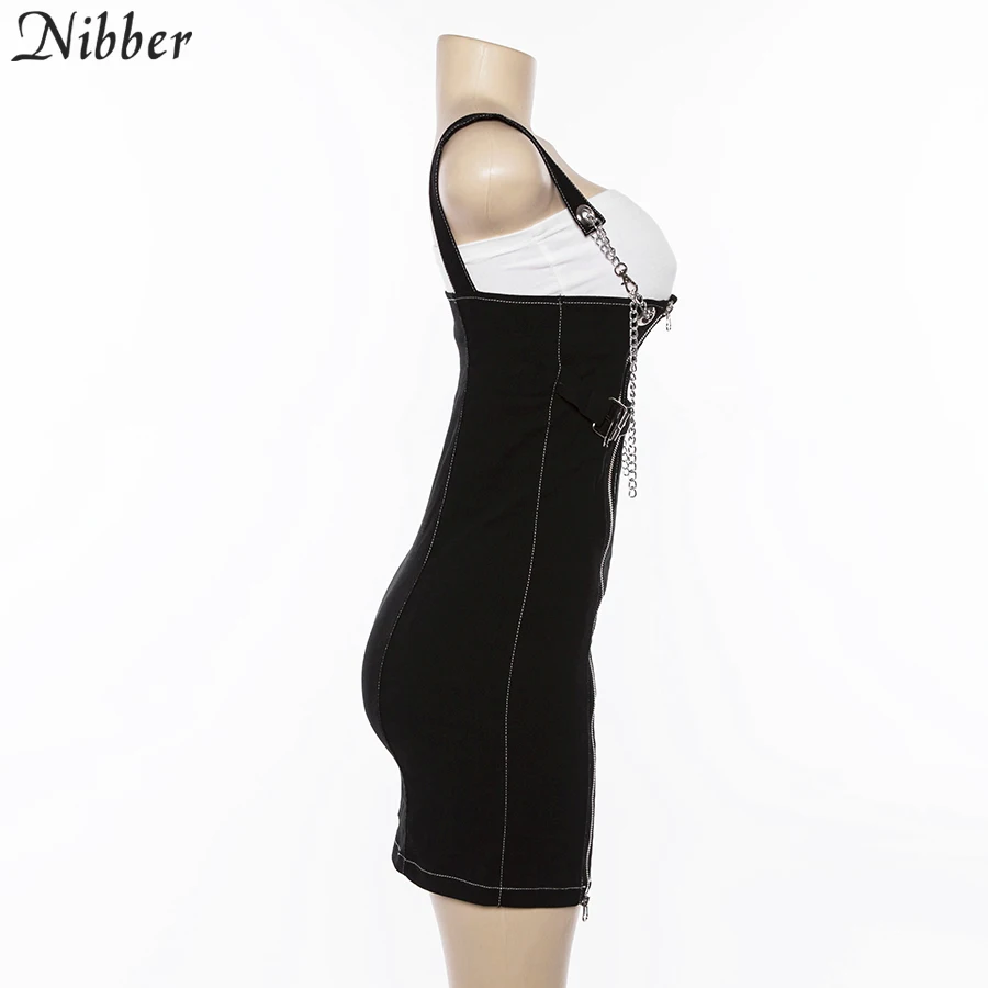 Nibber/платье с цепочкой на бретельках, короткое осеннее и зимнее черное Повседневное платье, сексуальное мини-платье с поясом на молнии, новинка, модная женская одежда