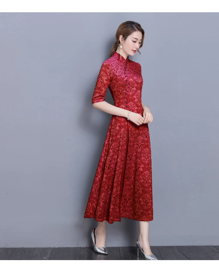 Woman Vintage Ao Dai Oriental Elegant Vietnam Traditional Dress 8Colors Stand Collar Asian Graceful Half Sleeve Swing Cheongsam