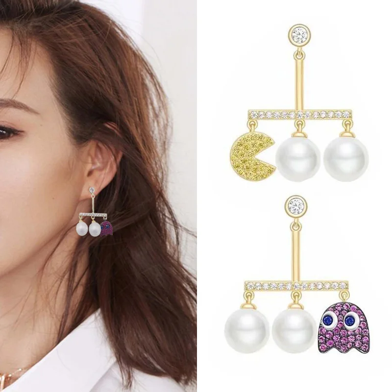 

New Fashion Funny Pac-Man Asymmetry Drop Earrings Exquisite Micro Mosaic AAA+ CZ And Pearl S925 Silver Needle Earrings For Women