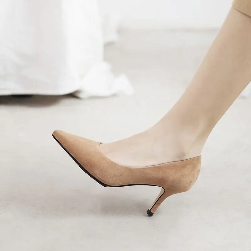 ALLBITEFO natural genuine leather women high heels shoe pointed toe sexy partty early spring prue color high heel shoes