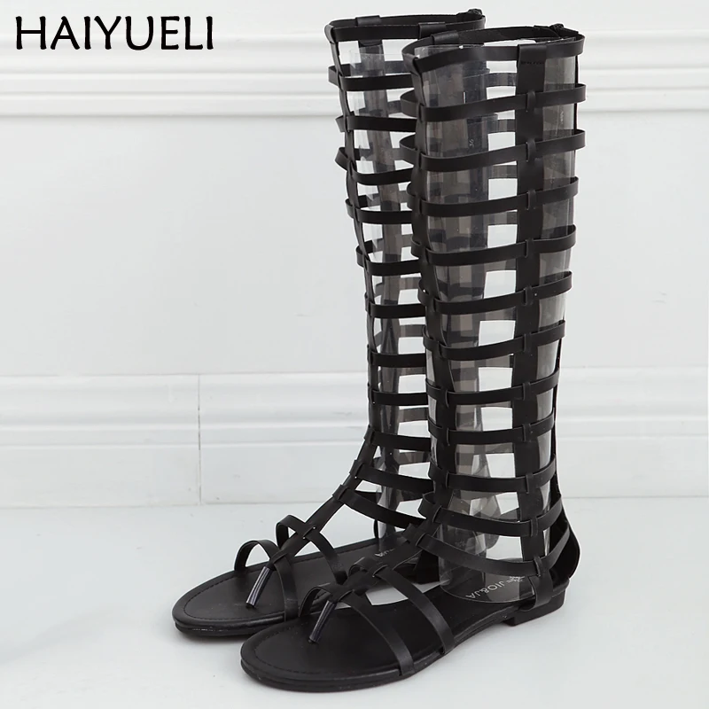 

Women Flat Sandals Summer Thong Roman Women's Sandals Leisure Hollow Out Knee Boots Black Gladiator Boots Ladies Flats