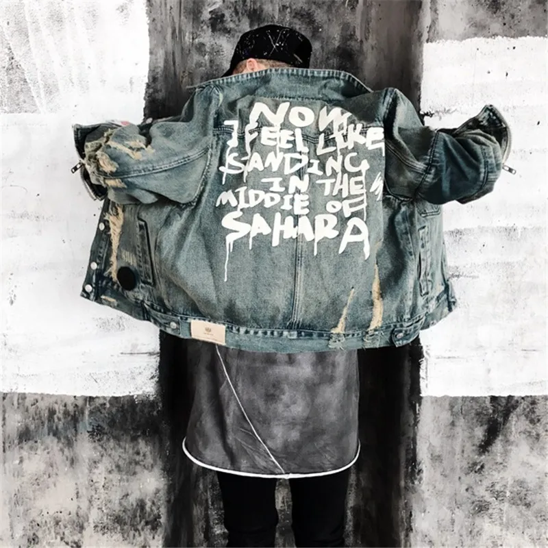 2019 Denim Jacket Men Streetwear Hip Hop Vintage Ripped Hole Zipper Jeans Jacket Motorcycle Hip Hop Autumn Washed Jacket Coat