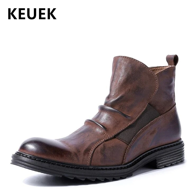 

British style Men boots Luxury Vintage Chelsea Boots Genuine leather Motorcycle boots Slip-On High-top shoes 02A