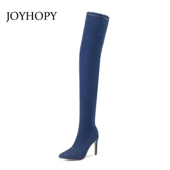 

JOYHOPY Elastic Denim Over The Knee Boots Autumn Women Pointed Toe High Heels Shoes Thigh High boots Woman Plus Size 36-42 0027