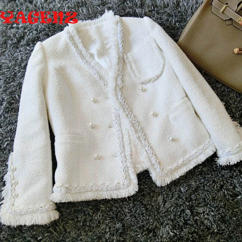 

Japan imported fabric autumn short Cardigan jacket Fashion White Classic Tweed jacket with fringed hem Long sleeved