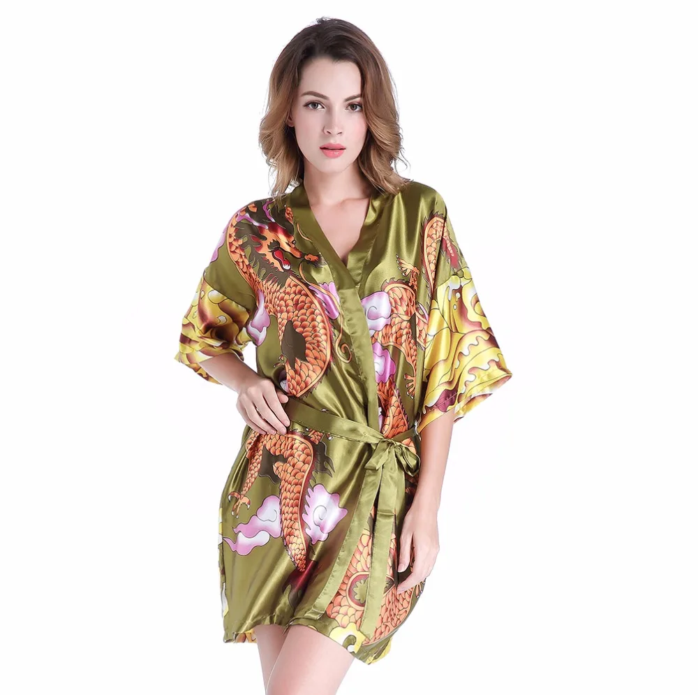 

Hot Sale Green Women Faux Silk Kimono Yukata Ladies' Sexy Mini Robe Dressing Gown With Belt Novelty Dragon Sleepwear One Size