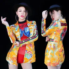 Джаз танцевальные костюмы Красный комбинезон модный принт Блейзер Куртка Костюм Go-Go сценическая одежда для певцов атмосферная одежда DNV10041