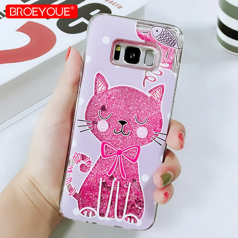 Lovely Cat Case For Samsung S9 S8 Plus Note 9 S7 Edge Glitter Liquid Back Phone Cover E8 Silicone Shell |