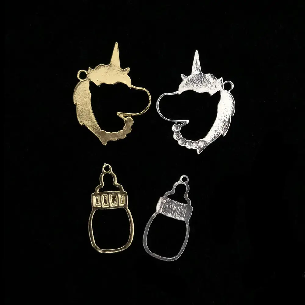 

Silver Unicorn Pendant for UV Resin Jewelry DIY Tool Kawaii Gold Milk Bottle Charms Decoration Metal Open Bezel Frames