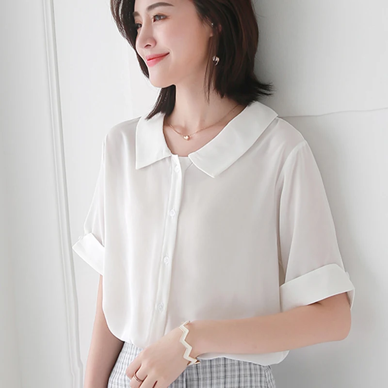 

Женская шифоновая блузка, белая однотонная офисная блузка с коротким рукавом, 2019