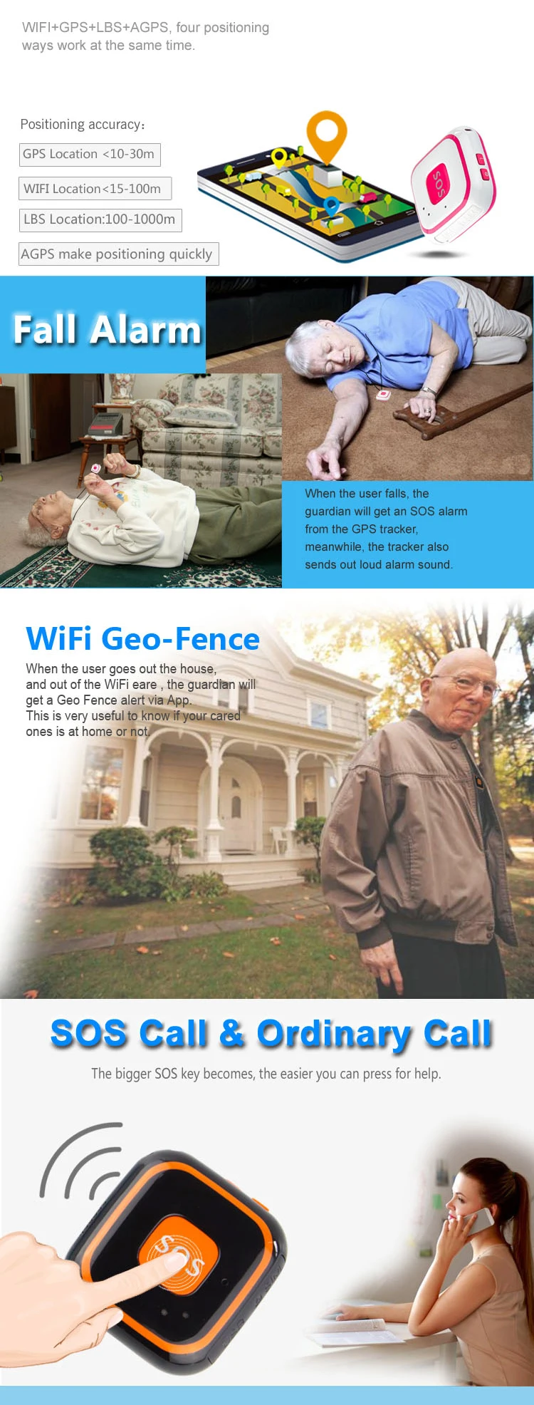 wireless GSM GPRS GPS Elderly senior SOS Button emergency alarm V28 Fall alarm Geo-fence Real-time tracking two way talking