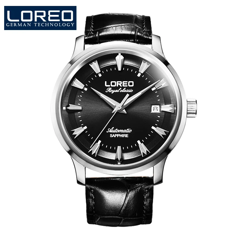 

LOREO Men Fashion Military Mechanical Skeleton Watches Male Leather Strap Golden Dial Waterproof Auto Date Luminous Watch AB2100