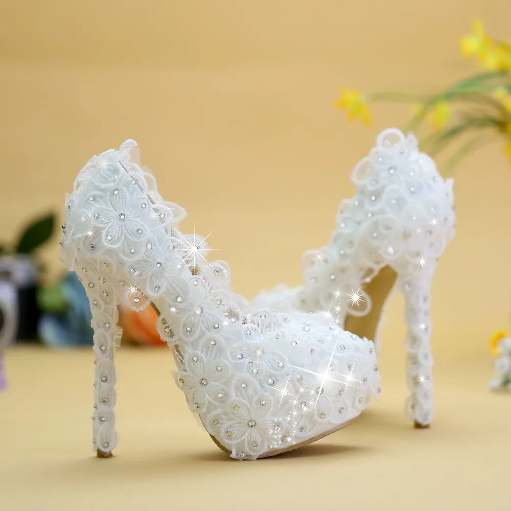 

High Heels Wedding Shoes Woman White Lace Flower Rhinestones Bridal Dress Shoes Bling Crystals Evening Party Prom Pumps