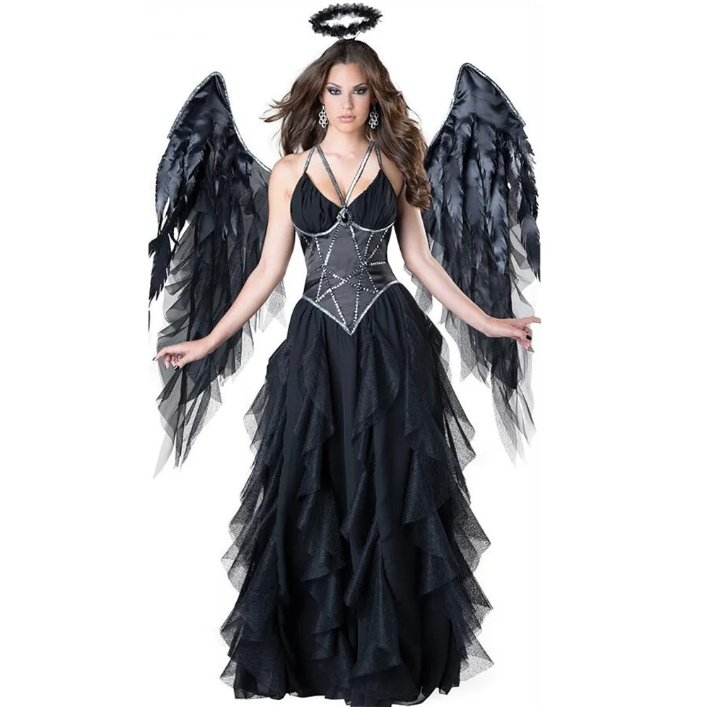 

Sexy Devil Fallen Angel Costumes, classic Halloween party fancy dress black wings and black halo cosplay Carnival purim Costume