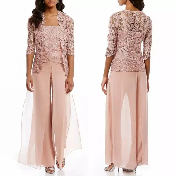 Pink Lace Mother Of The Bride Pant Suits With Jacket Chiffon Lace Wedding Guest Dresses Mothers of Groom Dress Formal Outfit Garment Wear