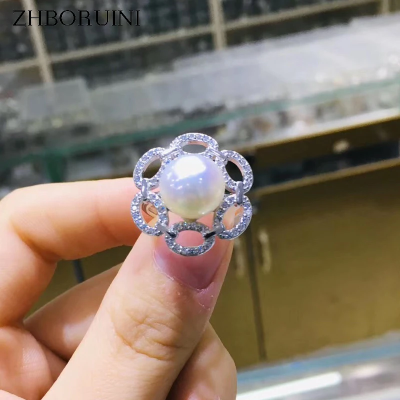 

ZHBORUINI 2019 Fine Pearl Ring Jewelry Of Silver Chains Round Big Natural Freshwater Pearl Rings 925 Sterling Silver For Women