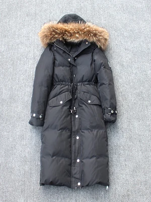 Зимнее модное женское пальто на утином пуху, длинные дизайнерские куртки выше колена с воротником из меха енота, розовый, синий, черный, серый, xxl 2xl - Цвет: black brown fur