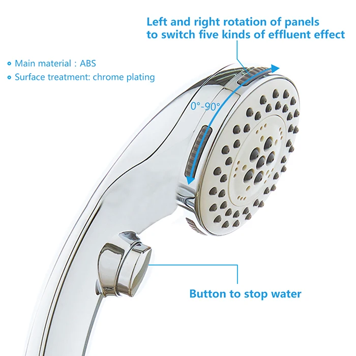 Five Fuction Silica Gel Holes Shower Head Water Saving With Chrome