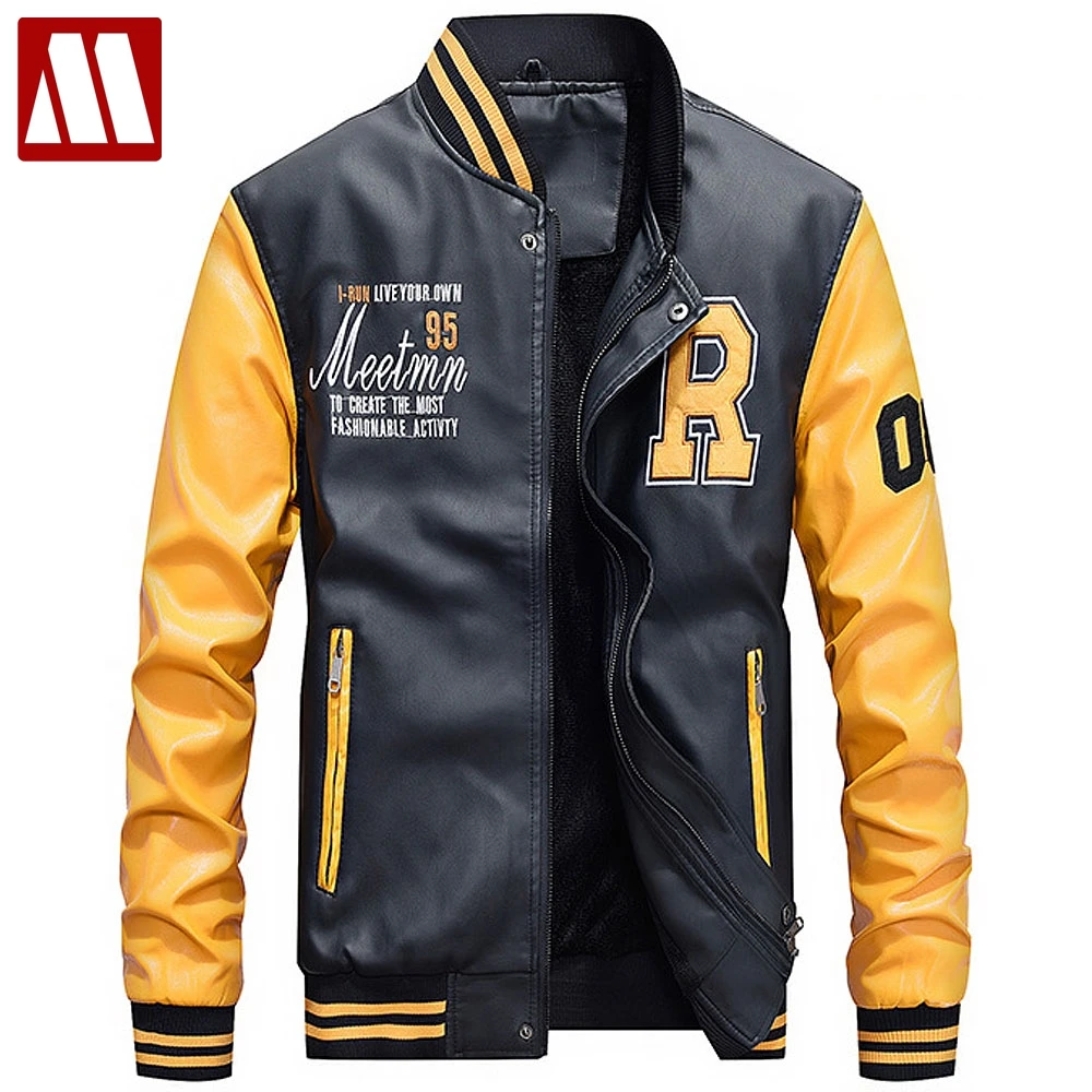 Jacket Men Embroidery Baseball Jackets Pu Leather Coats Slim Fit College Luxury Fleece Pilot Leather Jackets casaco masculino