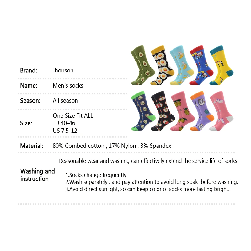 Jhouson/1 пара забавных мужских модных разноцветных носков с принтом авокадо, клубники, банана, яйца, гамбургера, яблока