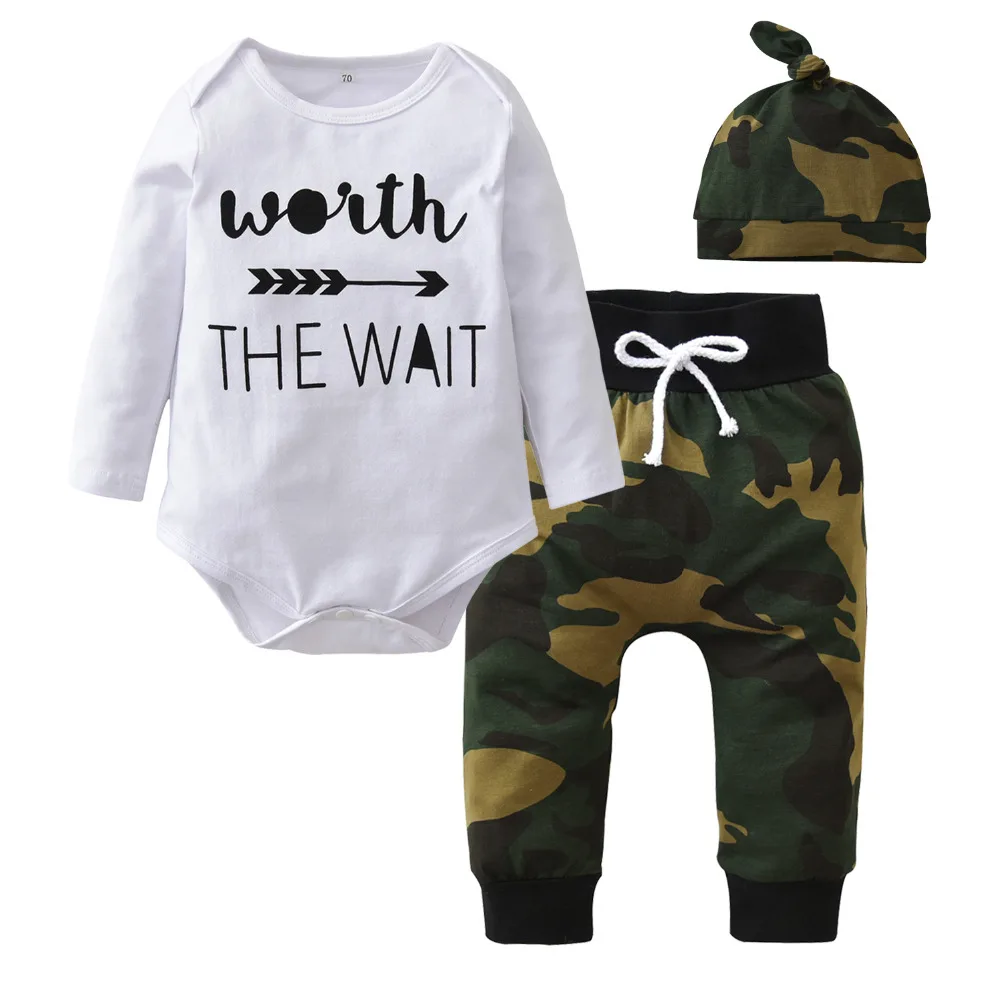 

New 2019 Autumn Newborn Baby Boys Girls Clothes Long sleeve Letter Romper Tops+Army Green Pants+Hat Toddler Infant Clothing Set