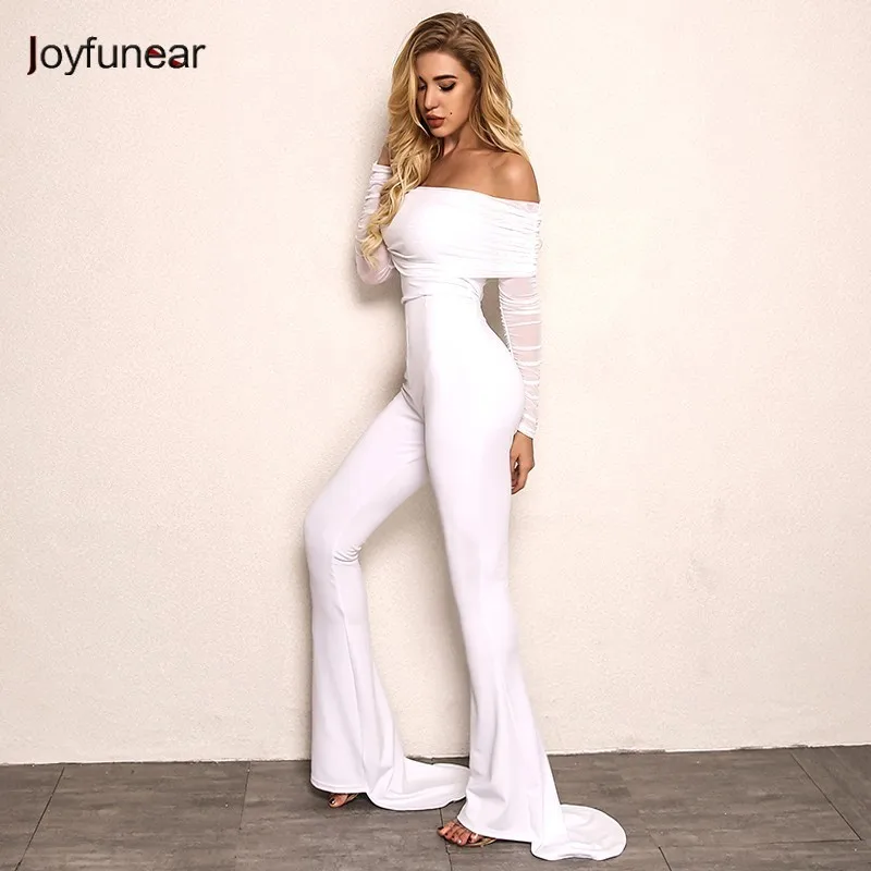 

Joyfunear New Autumn Off Shoulder Sexy Rompers Womens Jumpsuit Women Cotton Black White Flares Long Sleeve Jumpsuits Overall