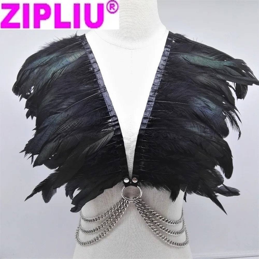 

Sexy Harajuku Handmade harness woman Feather punk Dress Cloak Collar belt Necklace Spikes and Chain feather Cape Coat Chest set