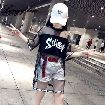 

Baby Girl Fashion Suit 2019 Summer New Big Children's Mesh Gauze Stitching Round Neck Shirt Shorts 2 Sets of Children's Clothes