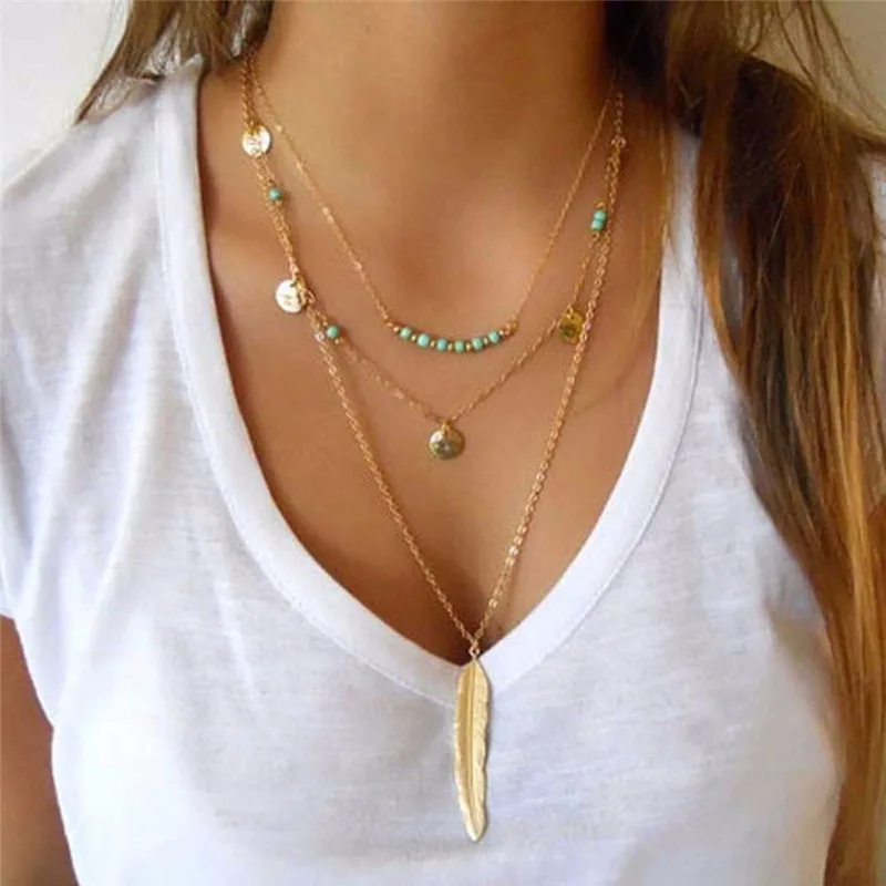 

Fashion Feather Necklace Leaf Layer 3 Necklace Multilayer Necklace Women Bohemian Vintage Golden Jewelry Party Gifts
