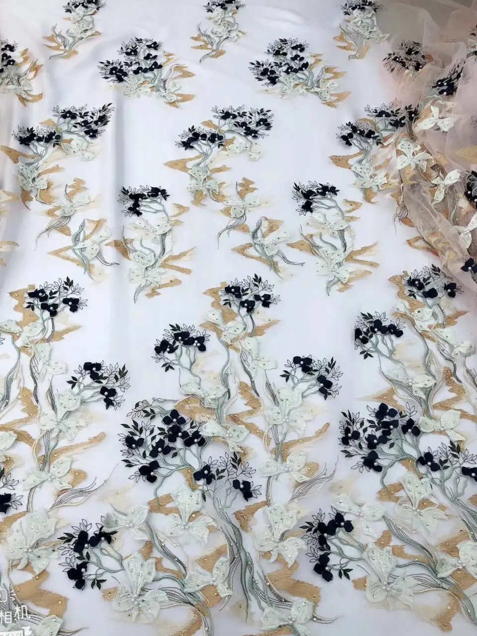 

French net Fabric with beads and rhinestones 3D flower Embroidered Tulle Fabric African French Lace Fabric For Dress IG784