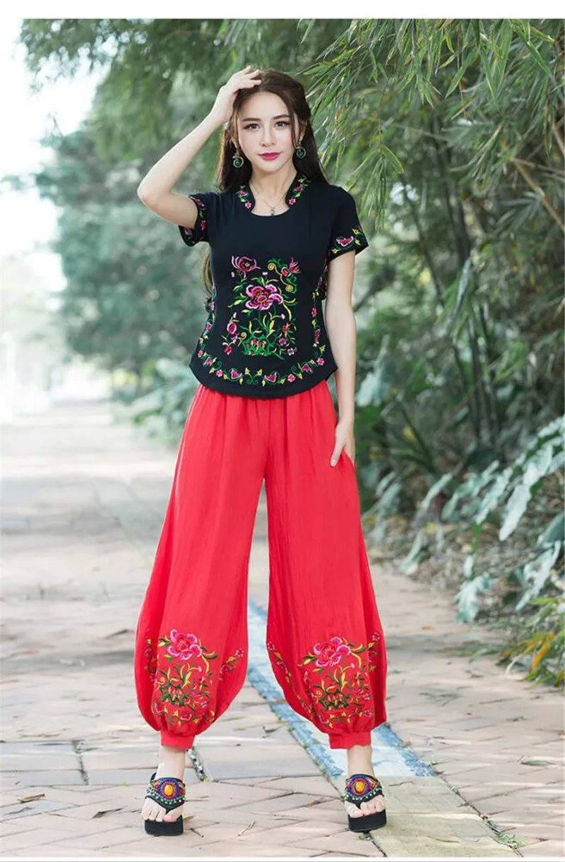 Леди 2019 Винтаж цветок вышивка 4 цвета Длинные шаровары Этническая хлопок белье брюки средней посадки эластичные штаны