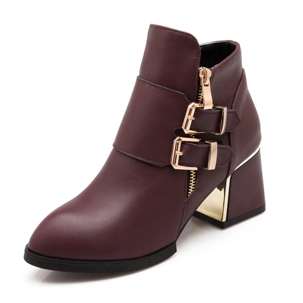 

2018 Women Plus Size Winter 4cm Med High Heels Ankle Boots Plush Chelsea Lady Fetish Botas Bootee Buckle Burgundy Martins Shoes