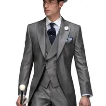 Горячая Распродажа Серебряный серый длинный стиль фрак Свадебный костюм смокинги друзей жениха Мужские свадебные костюмы пальто(куртка+ брюки+ жилет+ галстук