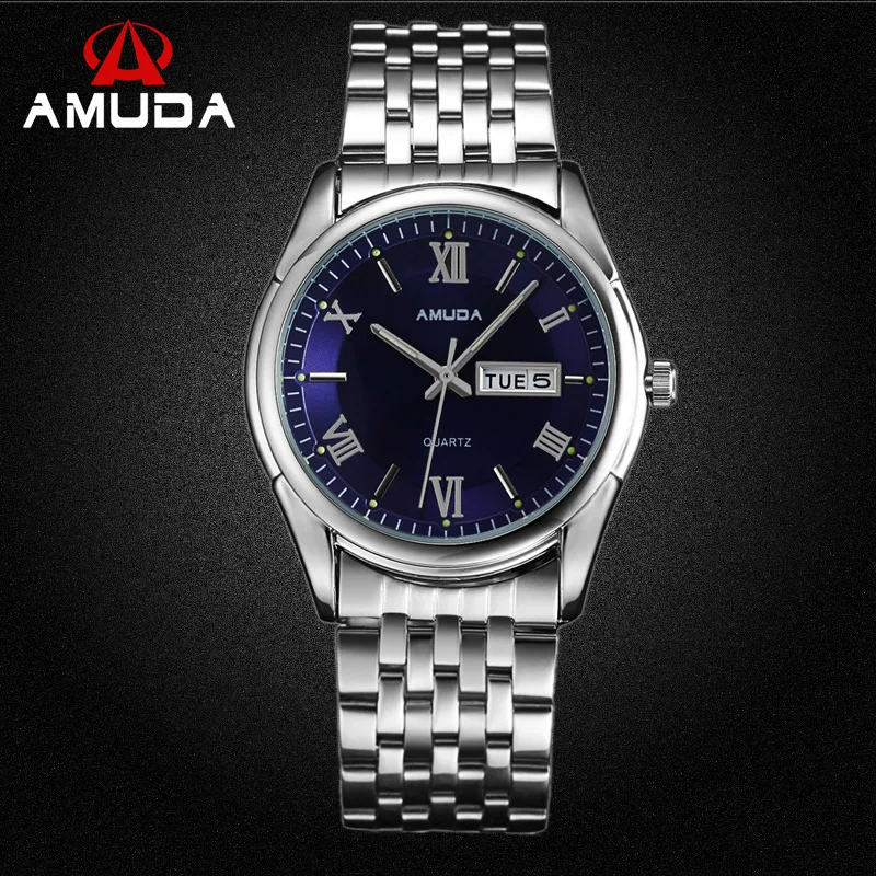 Silver Band Business Men Watch Blue Face Full Steel Wrist Watches Day