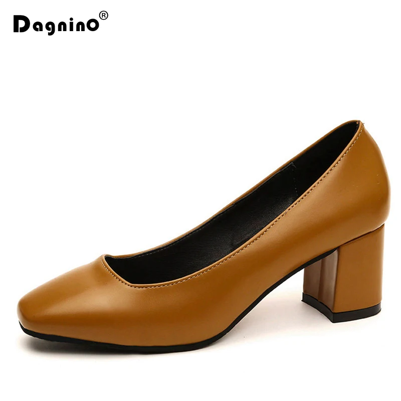 

DAGNINO Women High Heels Pumps Square Toe Boat Shoes Black Leather Heeled Woman Vintage Work Ladies Shoes Shallow Zapatos Mujer