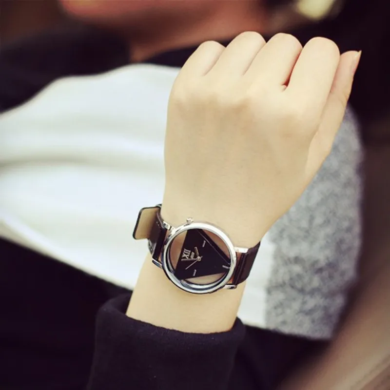 Relogio feminino скелет часы Треугольники женские Нежный Прозрачный полые Кожаный