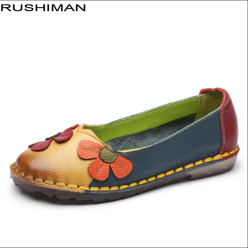 

Spring Summer retro flowers Genuine Leather handmade flat shoes female Cow Muscle four seasons soft bottom Casual Shoes