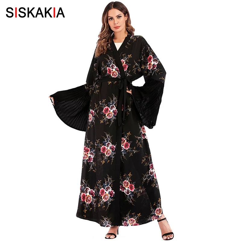 

Siskakia Fashion Floral Print Women Abaya Spring Summer 2019 New Muslim Dubai Qatar Cardigan Robes Slim Sash Flare Sleeve Gowns