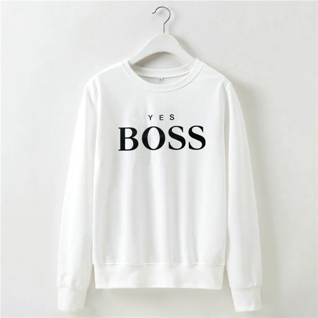 Белый Women Sweatshirt Women Fall Yes Boss Letter Printed Hoodie Sweatshirt Ladies Long Sleeve Pullover Jumper Sudadera Mujer - Цвет: Белый