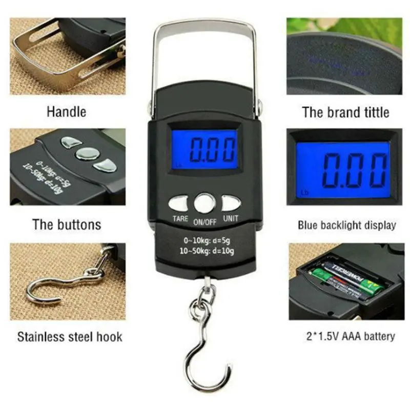 

Portable Backlit LCD Display 110lb/50kg Electronic Balance Digital Fishing Postal Hanging Hook Scale with Measuring Tape