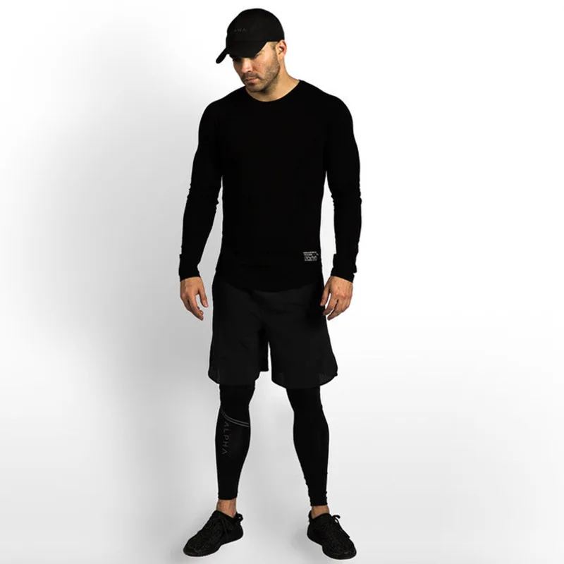 Мужская повседневная облегающая хлопковая футболка для тренажерного зала, фитнеса, бодибилдинга, тренировки, черная футболка с длинным рукавом, топы, Мужская брендовая одежда для кроссфита