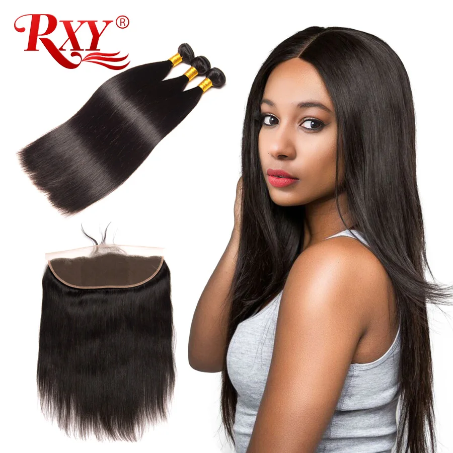 Rxy Remy Hair Straight Hair Pre Plucke Ear To Ear Lace Frontal Closure With Bundles Peruvian Human Hair Bundles With Closure 4Pc